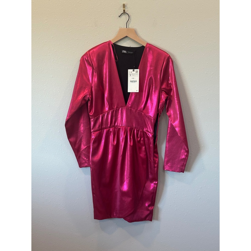 Zara Metallic Mini Dress Womens Small Pink V-Neck Long Sleeve Party Glam (Flaw) - Picture 11 of 16